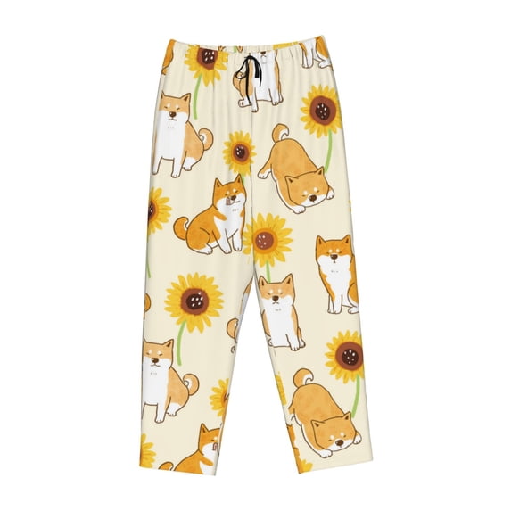 Kdxio Women's Comfy Stretch Shiba Inu Dog and SunflowerPrint Drawstring Pajama Pants-Large