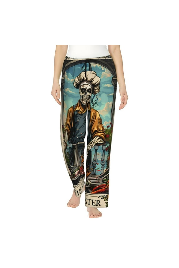 Women's Comfy Stretch Skeleton Chef BBQ Scene Print Drawstring Pajama Pants-Medium