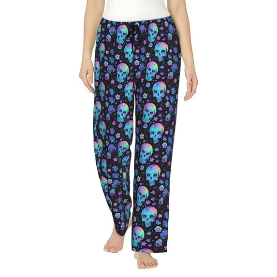 Kdxio Women's Comfy Stretch Skull Flower Blue Print Drawstring Pajama Pants-X-Large