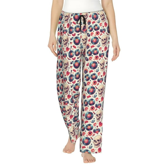 Kdxio Women's Comfy Stretch Skull Guitar record lips Print Drawstring Pajama Pants-Medium