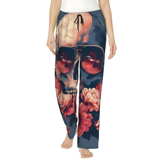 Kdxio Women's Comfy Stretch Skull With Roses And Sunglasses Print Drawstring Pajama Pants-X-Large