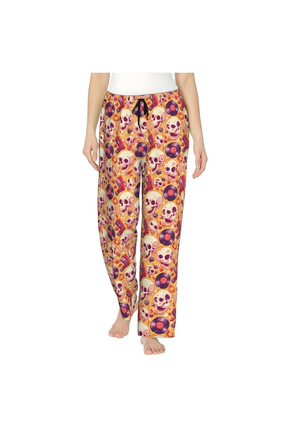 Women's Comfy Stretch Skull rock record Print Drawstring Pajama Pants-Large