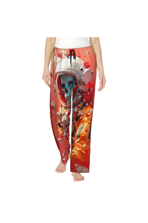 Women's Comfy Stretch Space Skeleton Art Print Drawstring Pajama Pants-Small