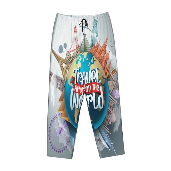 Kdxio Women's Comfy Stretch Travel Around The WorldPrint Drawstring Pajama Pants-Large