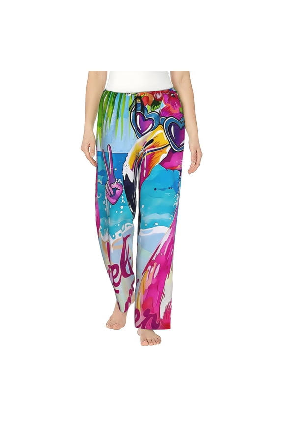 Women's Comfy Stretch Tropical Flamingo Summer Print Drawstring Pajama Pants-Large