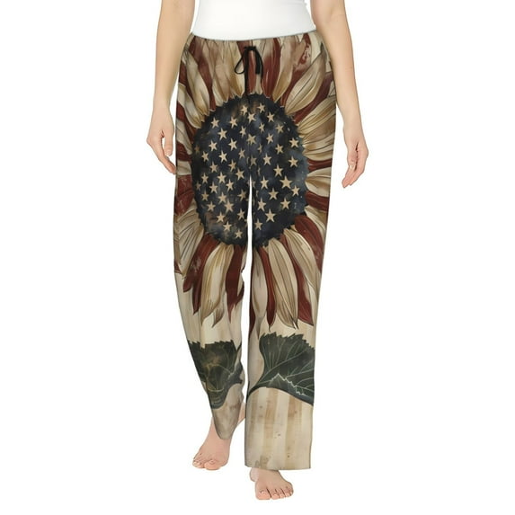 Kdxio Women's Comfy Stretch USA Sunflower Flag Print Drawstring Pajama Pants-X-Large