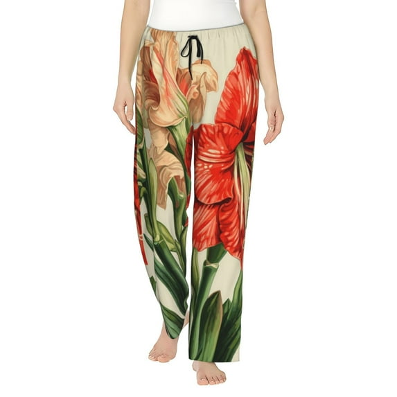 Kdxio Women's Comfy Stretch Vibrant Amaryllis Flowers Print Drawstring Pajama Pants-XX-Large