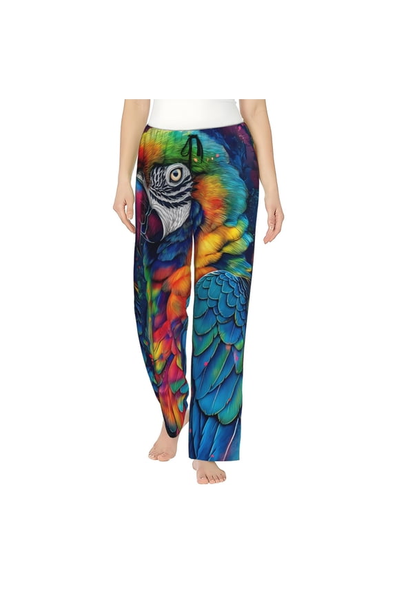 Women's Comfy Stretch Vibrant Rainbow Parrot Fantasy Print Drawstring Pajama Pants-Medium