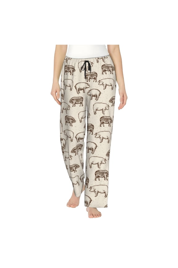 Women's Comfy Stretch Vintage Farm Pigs Print Drawstring Pajama Pants-Medium
