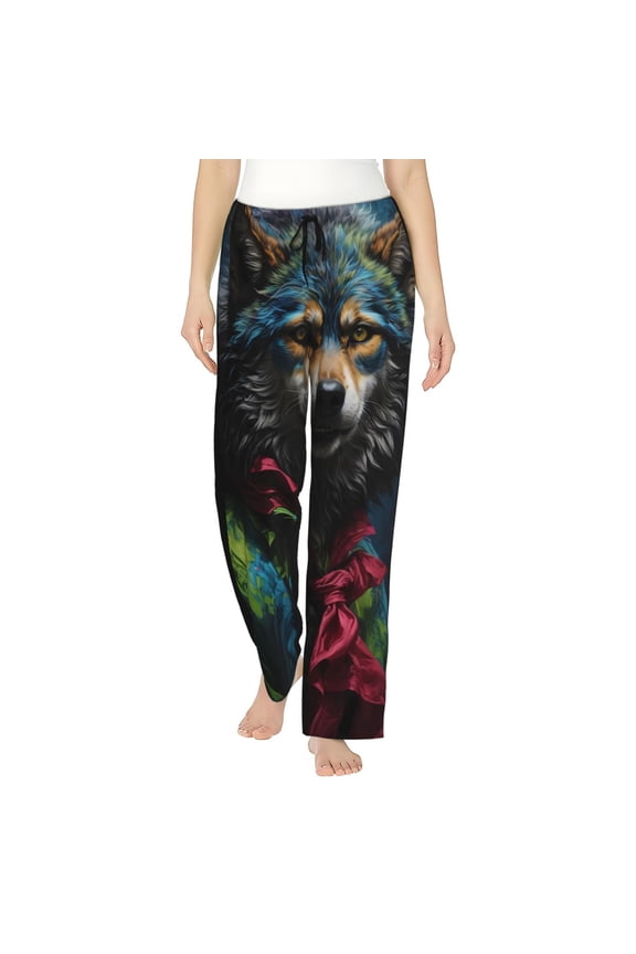 Women's Comfy Stretch Vintage Wolf Warrior Print Drawstring Pajama Pants-X-Large