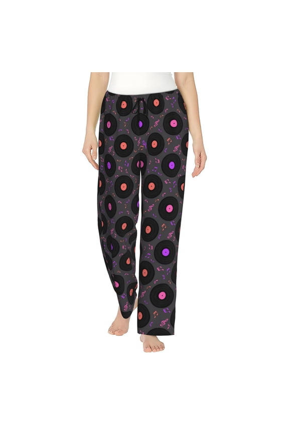 Women's Comfy Stretch Vinyl Records Musical Notes Print Drawstring Pajama Pants-Large