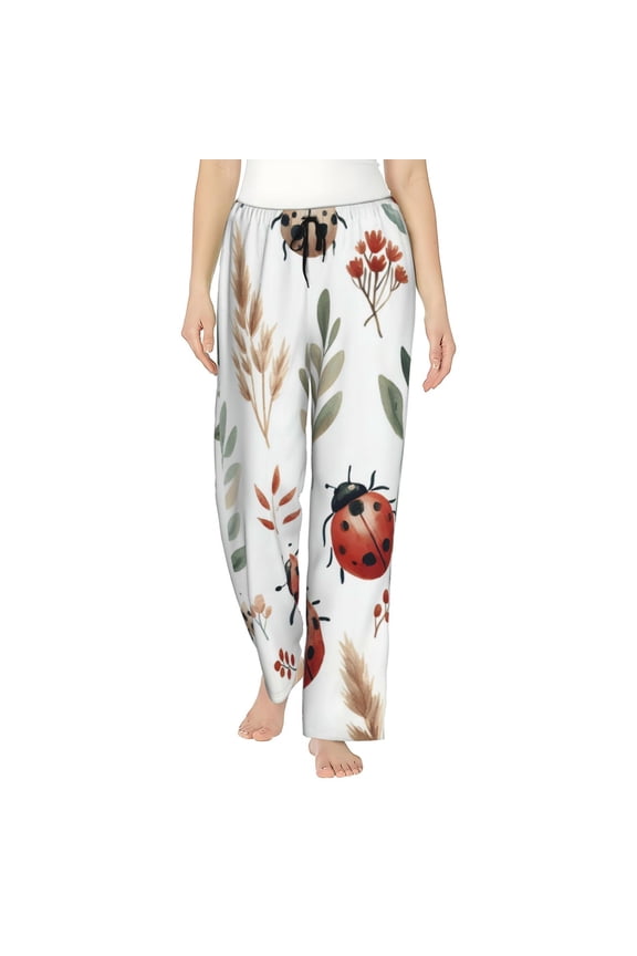 Women's Comfy Stretch Watercolor Ladybug Print Drawstring Pajama Pants-Medium