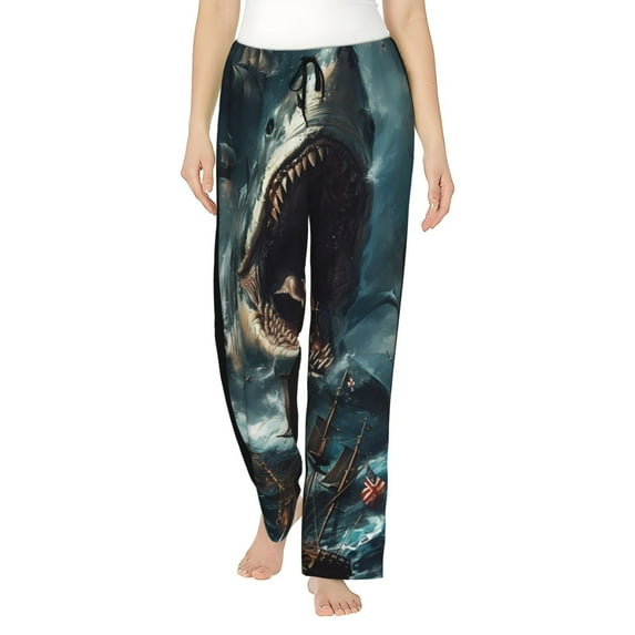 Kdxio Women's Comfy Stretch Wave Sailboat Shark Print Drawstring Pajama Pants-Large