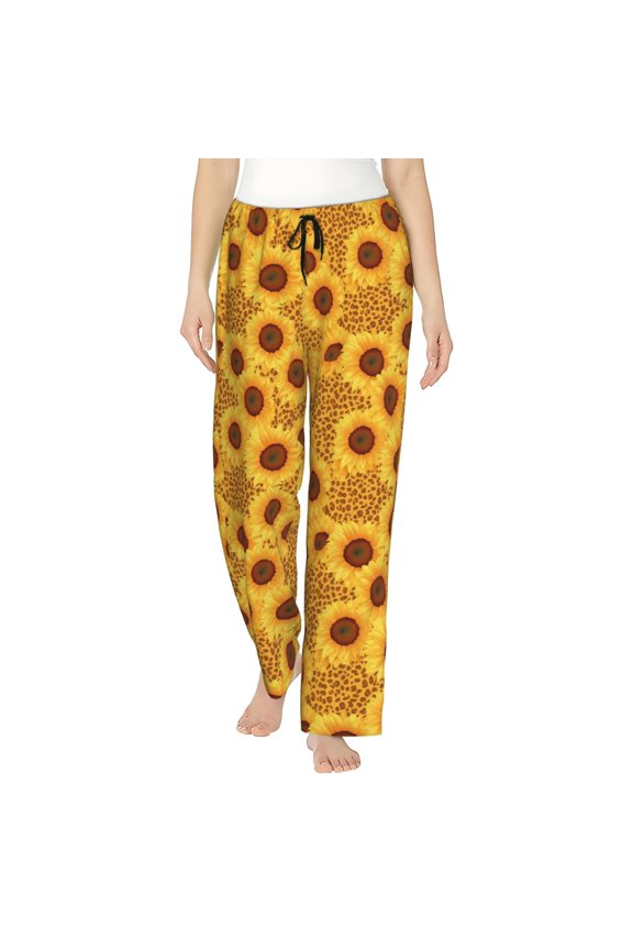 Women's Comfy Stretch Yellow Leopard Print Sunflower Print Drawstring Pajama Pants-Small