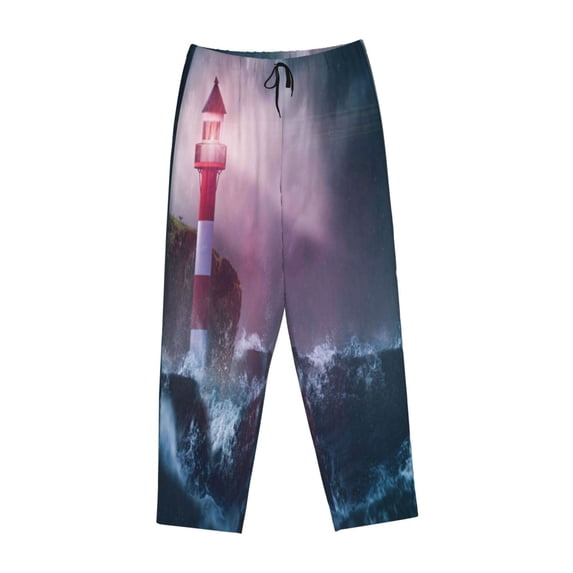 Kdxio Women's Comfy Stretch lighthouse Waves Torrential RainPrint Drawstring Pajama Pants-Small