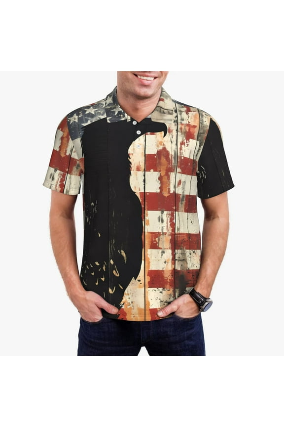Wood Grain Bald Eagle Print Men's Short Sleeve Polo Shirt,Midweight Men's Shirt
