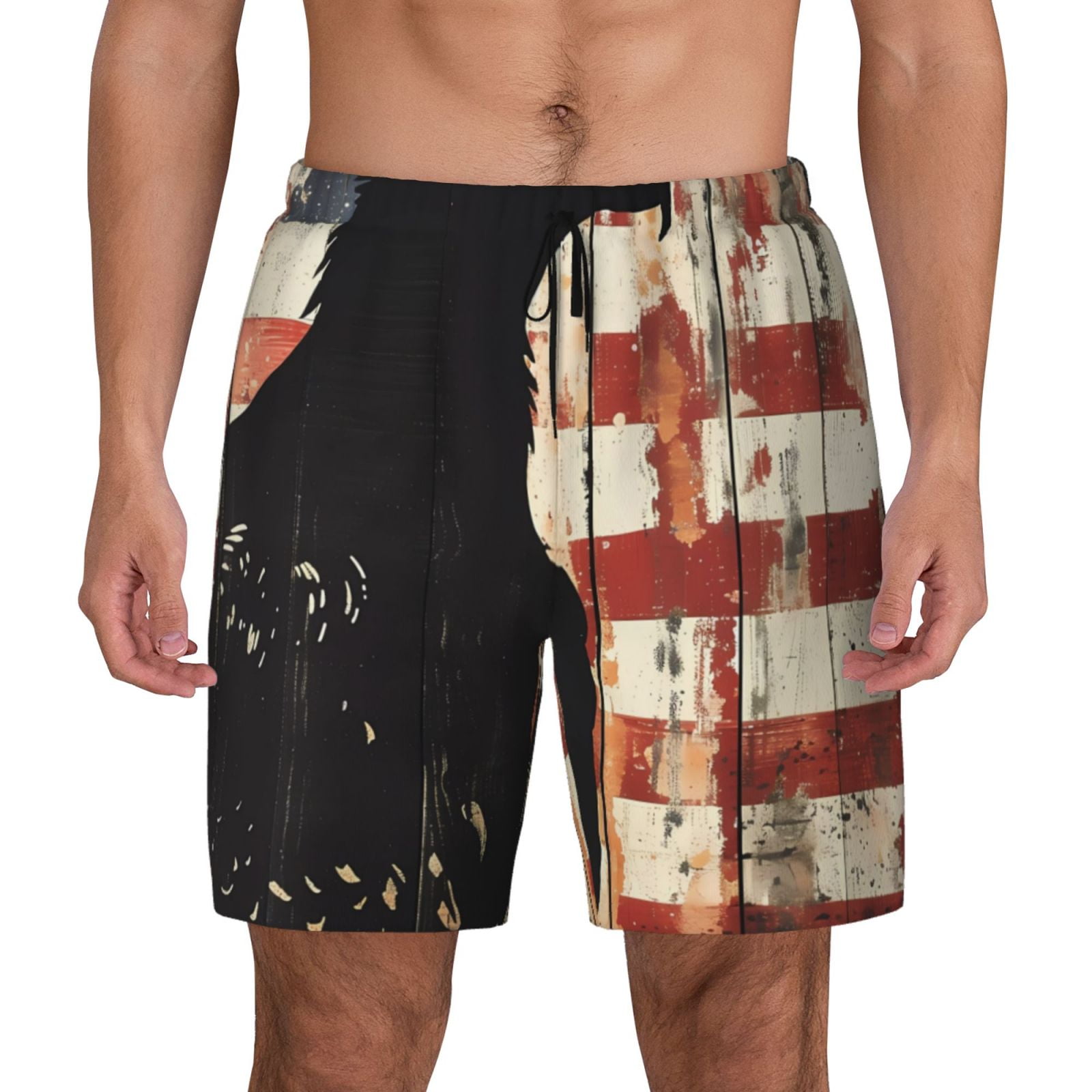 Kdxio Wood Grain Bald Eagle Print Men's Swim Trunks with Compression