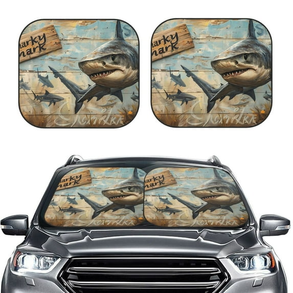 Kdxio Wood Grain Shark Print 2-Piece Sun Shade Front Windshield - Foldable Car Front Window Sunshades for Most Sedans SUV Truck