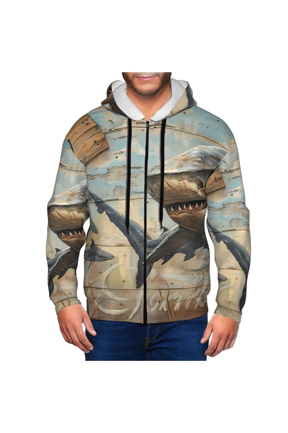Wood Grain Shark Print Men Hoodies Casual Hoodies for Men with Zip Pockets Full Zip Long Sleeve Sweatshirt Sports Hooded Jacket-Medium