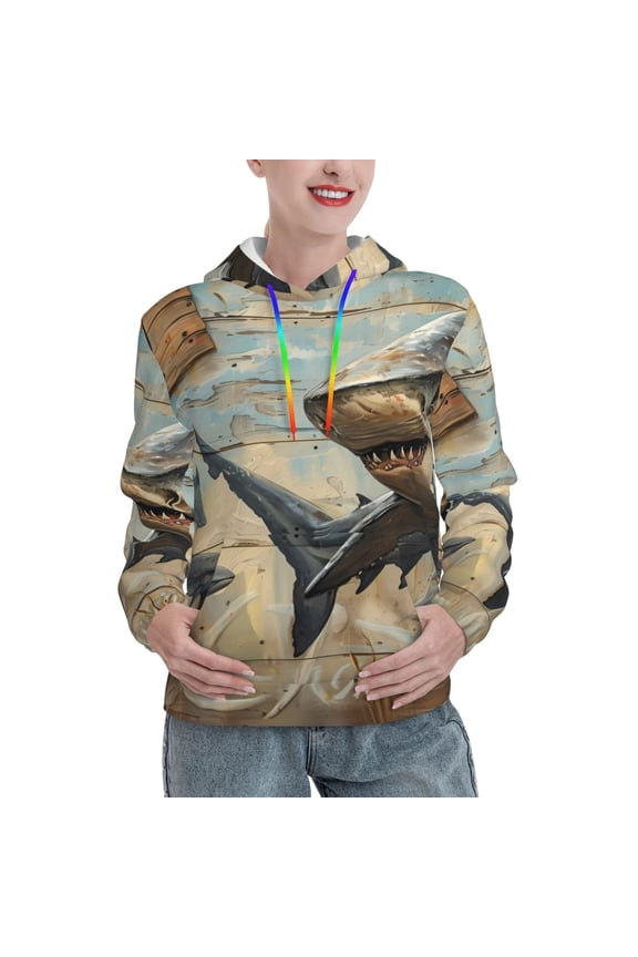 Wood Grain Shark Print Womens Oversized Hoodies Sweatshirts Hooded Pullover Tops Sweaters Casual-Medium