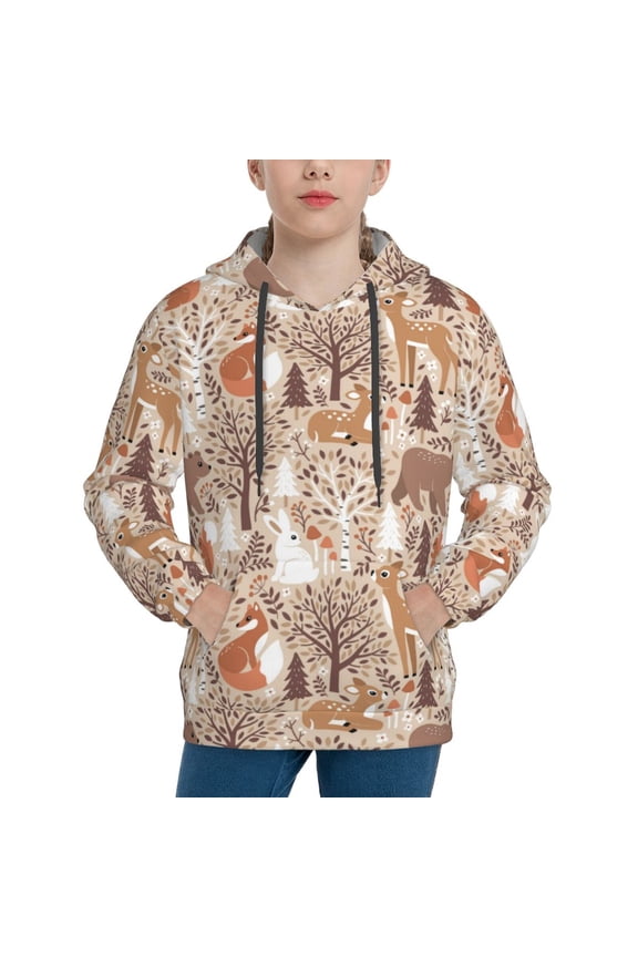 Woodland Animals in Neutral Tones Pattern Boys Athletic Unisex Boys Girls Hoodie with Pocket Sweatshirts-Large