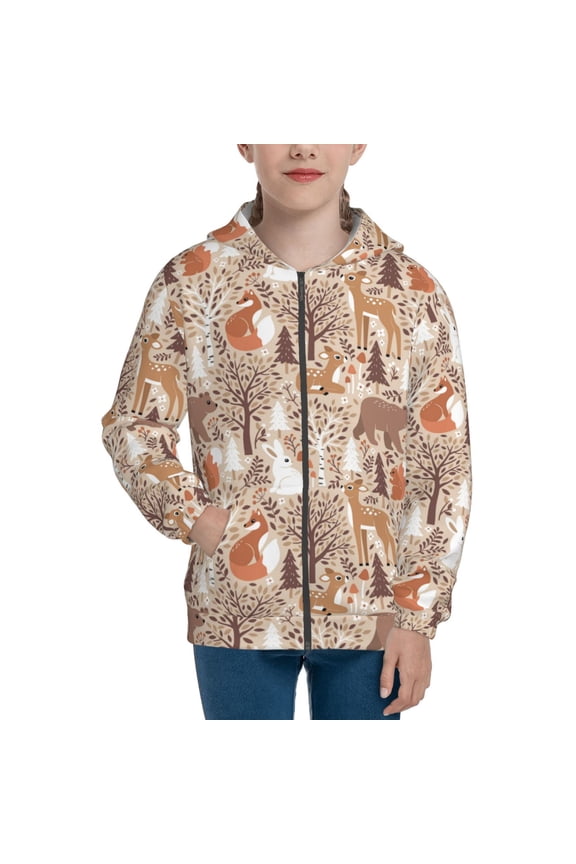 Woodland Animals in Neutral Tones Pattern Kids Boys Girls Zip Up Hoodie 3D Printed Hooded Sweatshirt Hoody Coat with Pocket 7-12 Y-Medium