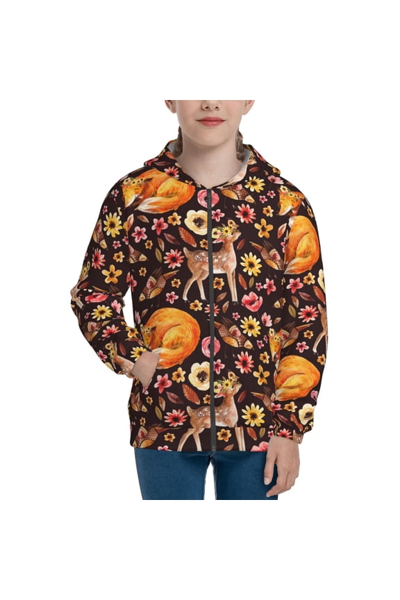 Woodland Creatures Floral Pattern Kids Boys Girls Zip Up Hoodie 3D Printed Hooded Sweatshirt Hoody Coat with Pocket 7-12 Y-Medium