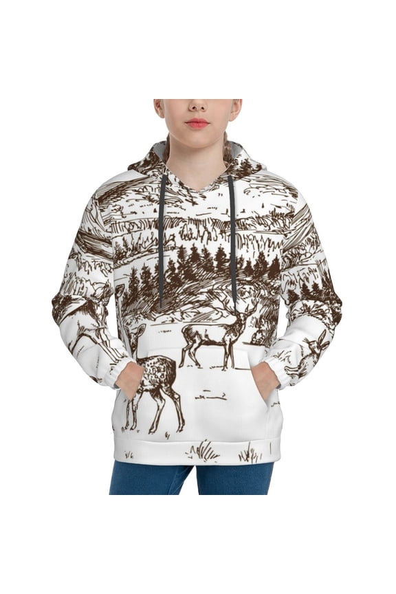 Woodland Forest With Deers Pattern Boys Athletic Unisex Boys Girls Hoodie with Pocket Sweatshirts-Large