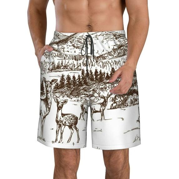 Kdxio Woodland Forest With Deers Pattern Mens Casual Shorts - Drawstring Summer Beach Sports Shorts for Men