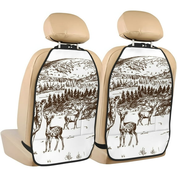 Kdxio Woodland Forest With Deers Print 2 Pack Car Kick Mat Seat Cover Back Protector Mat with Pockets for Organizer Backseat Protector and Storage Anti Kick Pad for Vehicles