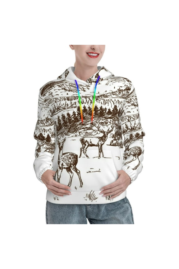 Woodland Forest With Deers Print Womens Oversized Hoodies Sweatshirts Hooded Pullover Tops Sweaters Casual-Large
