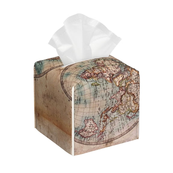 Kdxio The World is Hemisphere Print Tissue Box Cover,Square Decorative PU Leather Facial Paper Case Organizer Holder Dispenser for Bathroom,Night Stands,Desk,Car 5.2''X5.2''X5.2''