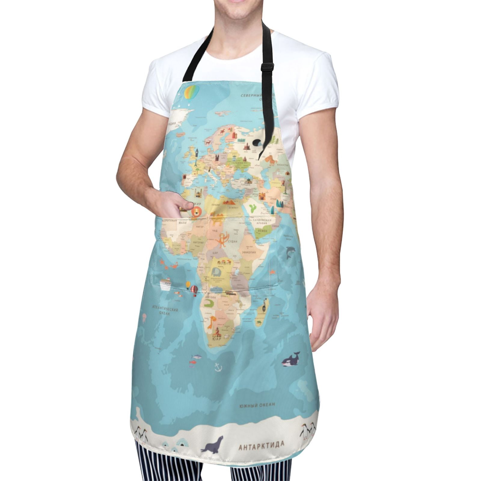 Kdxio World Map With Animals 1 Apron with Pockets Adjustable Kitchen Aprons for Men Women Waterproof Aprons for Cooking,Drawing,Crafting, Baking Household Cleaning