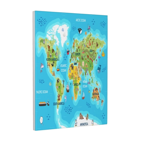 Kdxio World Map With Animals Landmarks Pattern Canvas Wall Art 12x16 Inches - Waterproof HD Print Solid Wood Frame for Living Room & Bathroom,Vertical