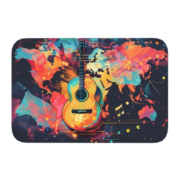 Kdxio World Map Guitar Illustration,16" x 24", Non-Slip Front Door Mats,Outdoor Welcome Mat Washable