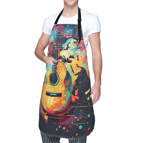 Kdxio World Map Guitar Illustration Apron with Pockets Adjustable Kitchen Aprons for Men Women Waterproof Aprons for Cooking,Drawing,Crafting, Baking Household Cleaning