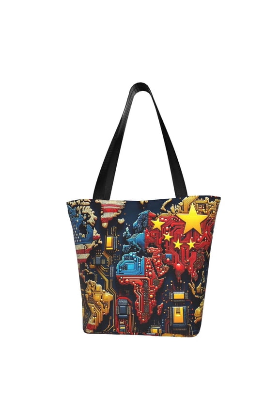 World Map Of Digital Circuits Women Reusable Grocery Bags Foldable Ripstop,Reusable Shopping Bags for Shopping,Gym,Gift