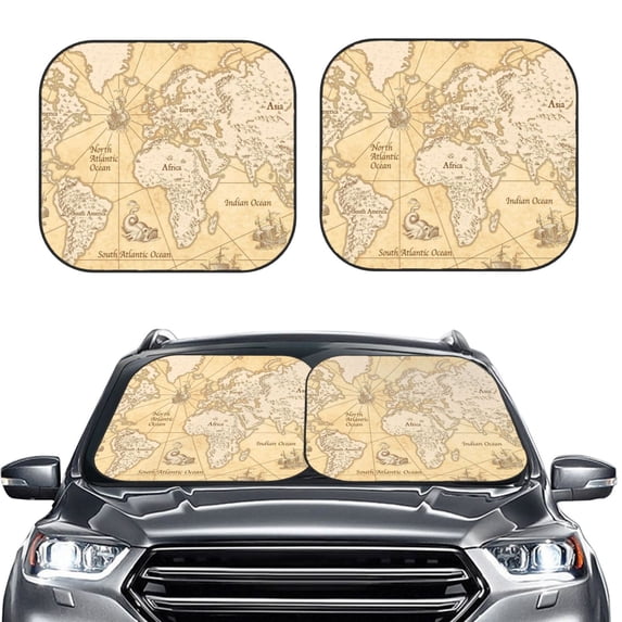 Kdxio World Map Print 2-Piece Sun Shade Front Windshield - Foldable Car Front Window Sunshades For Most Sedans Suv Truck