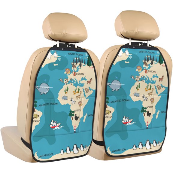 Kdxio World Map With Animal Print 2 Pack Car Kick Mat Seat Cover Back Protector Mat with Pockets for Organizer Backseat Protector and Storage Anti Kick Pad for Vehicles