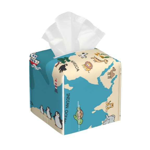 Kdxio World Map With Animal Print Tissue Box Cover,Square Decorative PU Leather Facial Paper Case Organizer Holder Dispenser for Bathroom,Night Stands,Desk,Car 5.2''X5.2''X5.2''