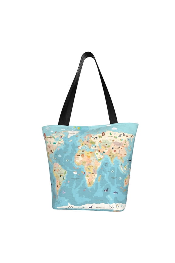 World Map With Animals 1 Women Reusable Grocery Bags Foldable Ripstop,Reusable Shopping Bags for Shopping,Gym,Gift