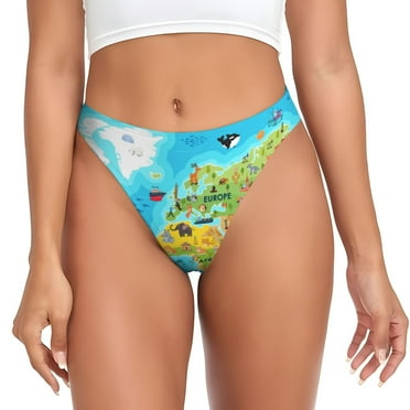 Kdxio World Map With Animals Landmarks Pattern Seamless Thongs for Women No Show Thong V-waisted Stretch Breathable Sexy Panties Underwear-X-Small