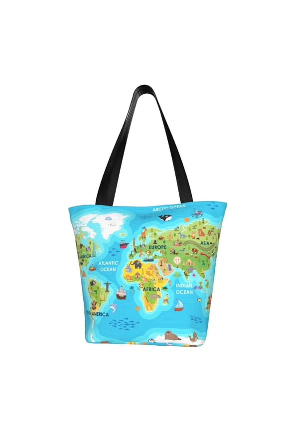 World Map With Animals Landmarks Women Reusable Grocery Bags Foldable Ripstop,Reusable Shopping Bags for Shopping,Gym,Gift
