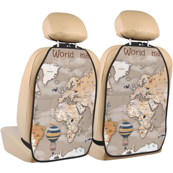 Kdxio World Map With Animals Print 2 Pack Car Kick Mat Seat Cover Back Protector Mat with Pockets for Organizer Backseat Protector and Storage Anti Kick Pad for Vehicles