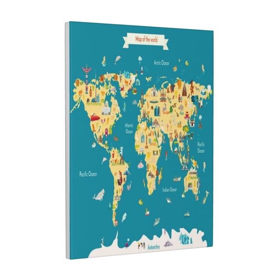 Kdxio World Map With Landmarks Pattern Canvas Wall Art 12x16 Inches - Waterproof HD Print Solid Wood Frame for Living Room & Bathroom,Vertical