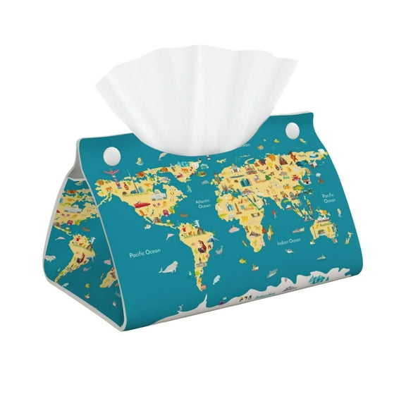Kdxio World Map With Landmarks Print Tissue Box Cover,Modern PU Leather Rectangular Tissue Box Holder for Bathroom Living Room Bedroom Office Desk Car Home