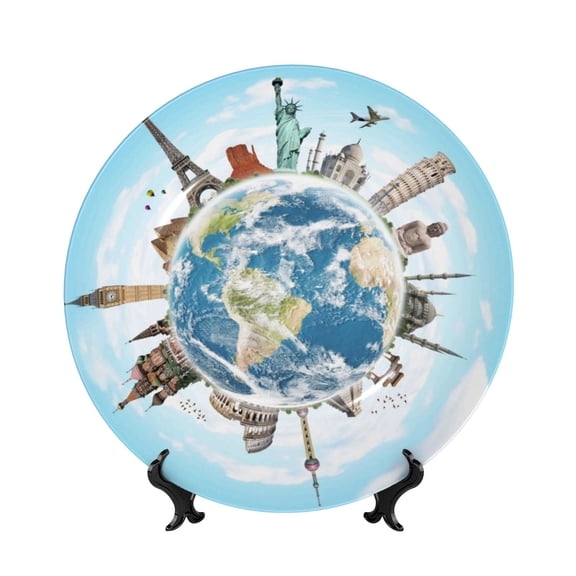 Kdxio World Travel Bone China Decorative Plate Ceramic Decorative Plate for Home Office Wall Stand Decorative Plates for Home Bedroom-7in