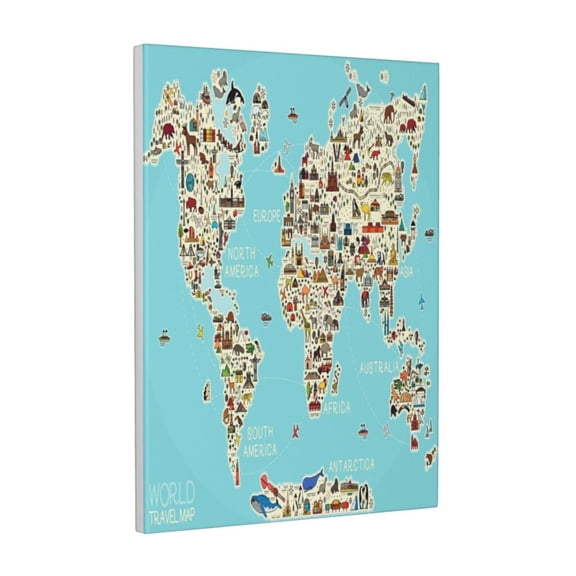Kdxio World Travel Line Icons Map Pattern Canvas Wall Art 12x16 Inches - Waterproof HD Print Solid Wood Frame for Living Room & Bathroom,Vertical