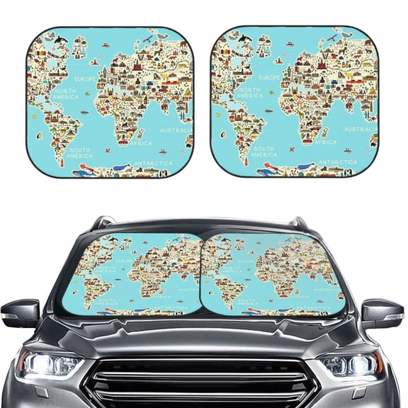 Kdxio World Travel Line Icons Map Print 2-Piece Sun Shade Front Windshield - Foldable Car Front Window Sunshades For Most Sedans Suv Truck
