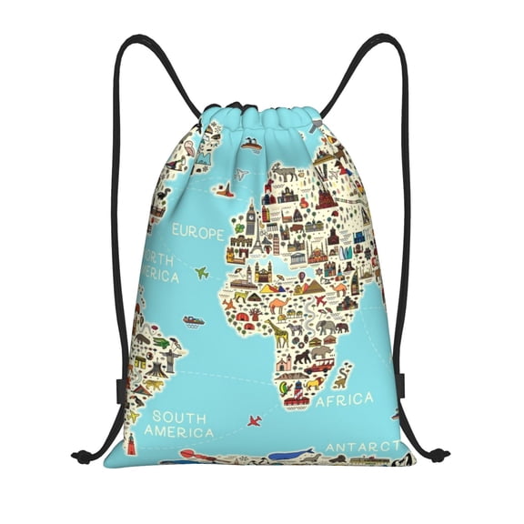 Kdxio World Travel Line Icons Map Print Drawstring Backpack Bag,Waterproof Draw String Back Sack, Gym Drawstring Bags Swim Bag For Unisex